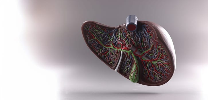 Close-up of visual plastic anatomical model of human liver. Liver pathologies and disease, hepatitis, cirrhosis and cancer for medical education