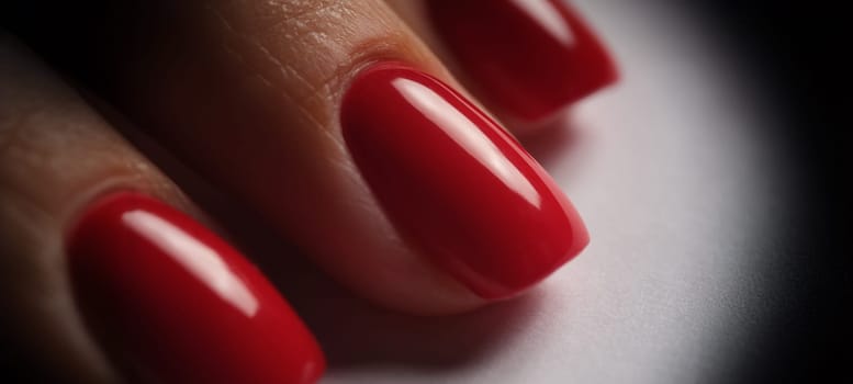 Red bright manicure on female hands closeup. Beauty industry concept