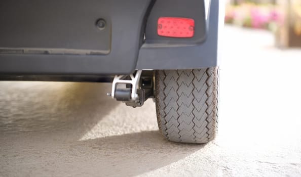 Close-up of car wheels on road, off-road tire and adventures travel suv. Tyre tread pattern concept