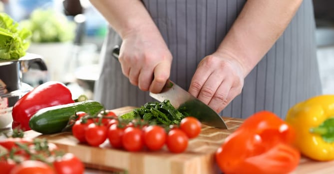 Close-up of man chef cutting greenery on wooden board, add ripe vegetable to salad. Person follow delicious new recipe. Cooking, hobby and food blog concept