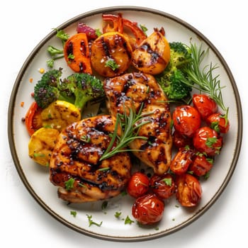 Top view of grilled food isolated on white background. Chicken, vegetables, and broccoli.