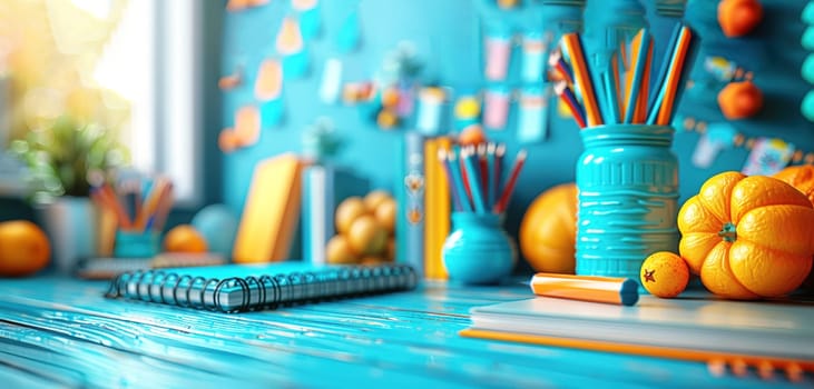 Back to school concept. A vibrant classroom scene with colorful school supplies, perfect for a back-to-school theme. The photo exudes creativity and inspiration.