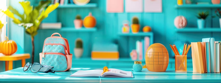 Back to school concept. A vibrant classroom scene with colorful school supplies, perfect for a back-to-school theme. The photo exudes creativity and inspiration.