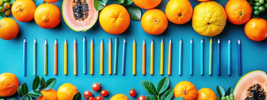 Colorful back-to-school flat lay with glasses, pencils, leaves, and fruits on a vibrant blue background, creating a bright and cheerful scene.