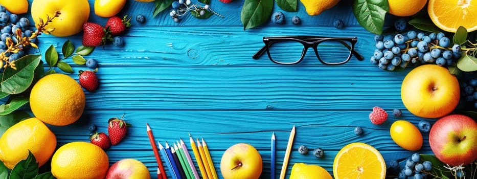 Colorful back-to-school flat lay with glasses, pencils, leaves, and fruits on a vibrant blue background, creating a bright and cheerful scene.