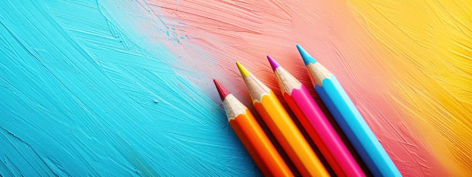 Colorful pencils arranged on a vibrant textured background, showcasing a creative and playful back-to-school theme with a splash of colors.