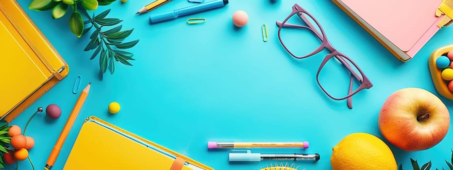 Colorful back-to-school flat lay with glasses, pencils, leaves, and fruits on a vibrant blue background, creating a bright and cheerful scene.