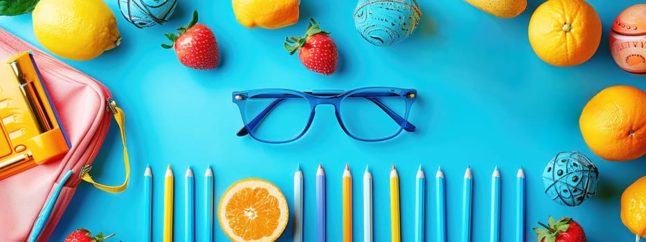 Colorful back-to-school flat lay with glasses, pencils, leaves, and fruits on a vibrant blue background, creating a bright and cheerful scene.