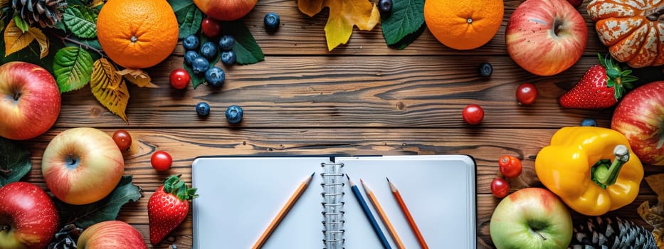 An open notebook surrounded by vibrant fruits and leaves on a wooden table, representing a healthy and colorful back-to-school theme.