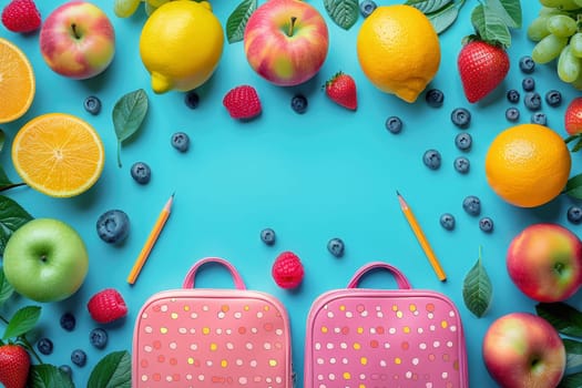 Colorful back-to-school flat lay with glasses, pencils, leaves, and fruits on a vibrant blue background, creating a bright and cheerful scene.