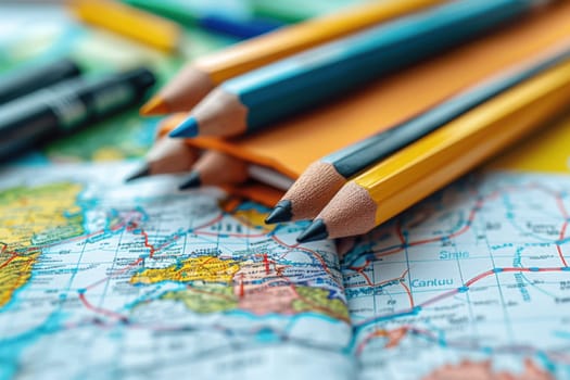 A vibrant back-to-school scene with pencils and a map, highlighting the excitement of new learning adventures and educational journeys.