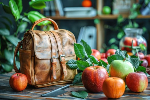 A stylish back-to-school setup with backpacks, plants, and school supplies arranged neatly on a green background, creating a vibrant, fresh look.