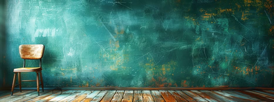 A beautifully aged classroom with a large vintage blackboard, sunlight streaming through the window, and wooden floors, evokes nostalgia and charm.