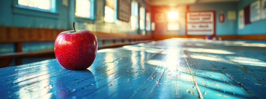 A shiny red apple sits on a polished desk in a sunlit vintage classroom, evoking memories of back-to-school days and academic beginnings.