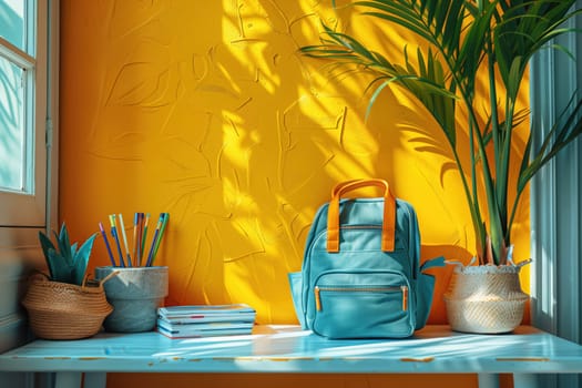 A vibrant school scene with a turquoise backpack, colorful pencils, and a bright yellow textured wall, symbolizing back-to-school excitement.