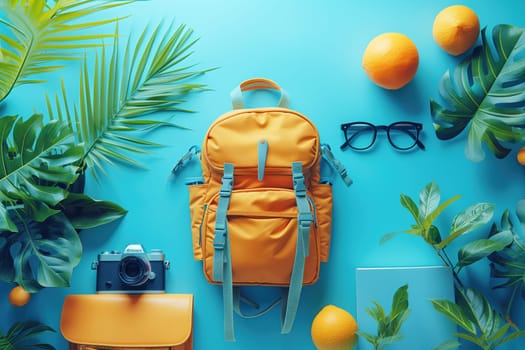 A vibrant back-to-school arrangement with a yellow backpack, camera, glasses, and tropical leaves on a bright blue background.
