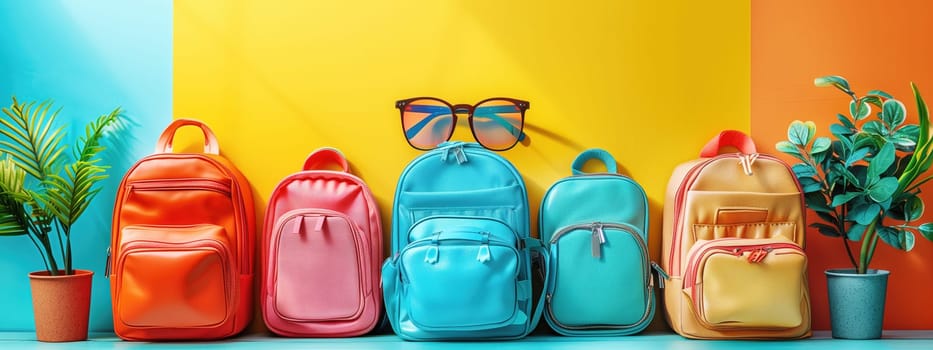 A row of colorful backpacks against a vibrant, multicolored background, with potted plants and sunglasses, symbolizing back-to-school readiness.