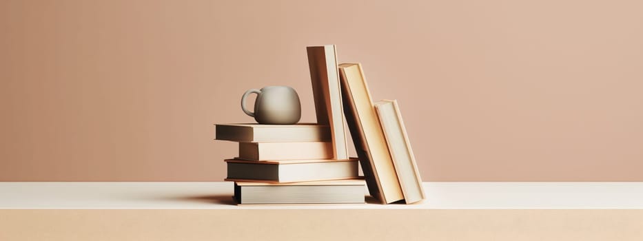 A stack of colorful books symbolizes education and knowledge, set against a minimalist background, perfect for back-to-school themes.