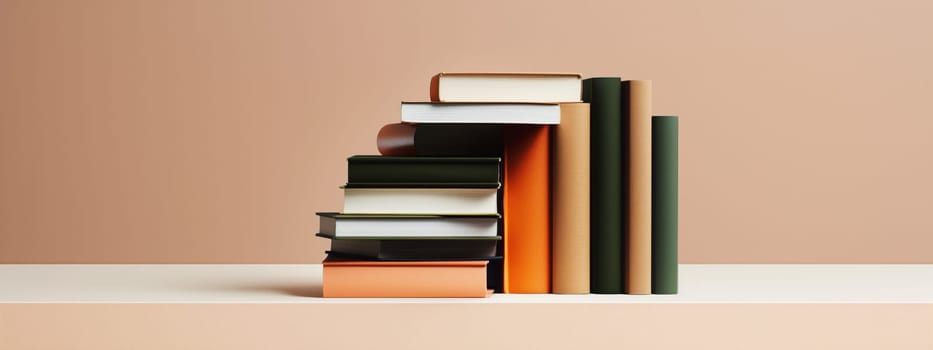 A stack of colorful books symbolizes education and knowledge, set against a minimalist background, perfect for back-to-school themes.