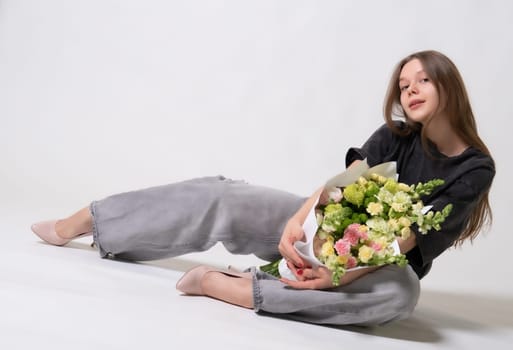beautiful natural female day romantic jeans smile model hair fashion fresh happy girl bouquet white