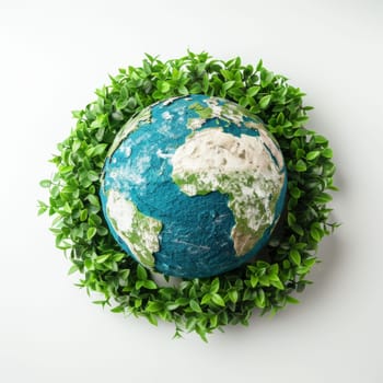 Planet earth globe with green leaves around isolated on white background. Environmental protection ocncept.