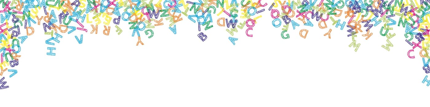 Falling letters of English language. Colorful childish flying characters of Latin alphabet. Foreign languages study concept. Back to school banner .