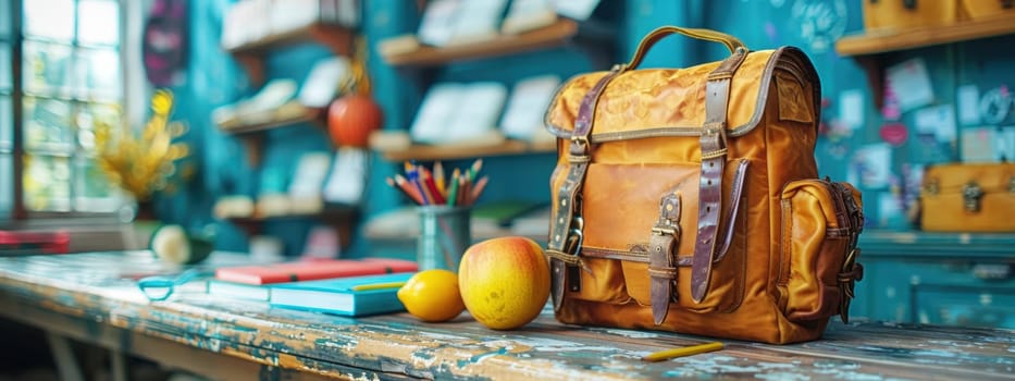 Back to school concept. A vibrant school setting with colorful school supplies, a leather backpack, and a bright, engaging classroom atmosphere, perfect for back-to-school season.