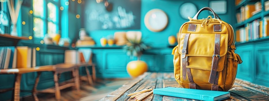 Back to school concept. A vibrant school setting with colorful school supplies, a leather backpack, and a bright, engaging classroom atmosphere, perfect for back-to-school season.