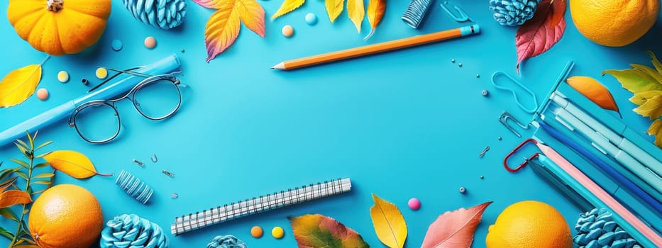 Colorful back-to-school flat lay with glasses, pencils, leaves, and fruits on a vibrant blue background, creating a bright and cheerful scene.