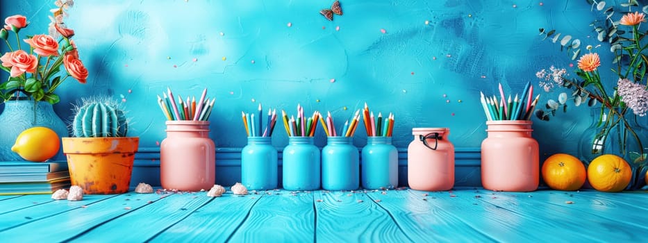 Back to school concept. Colorful pencils in jars with flowers, cactus, and fruits on a vibrant blue background, creating a cheerful back-to-school scene.