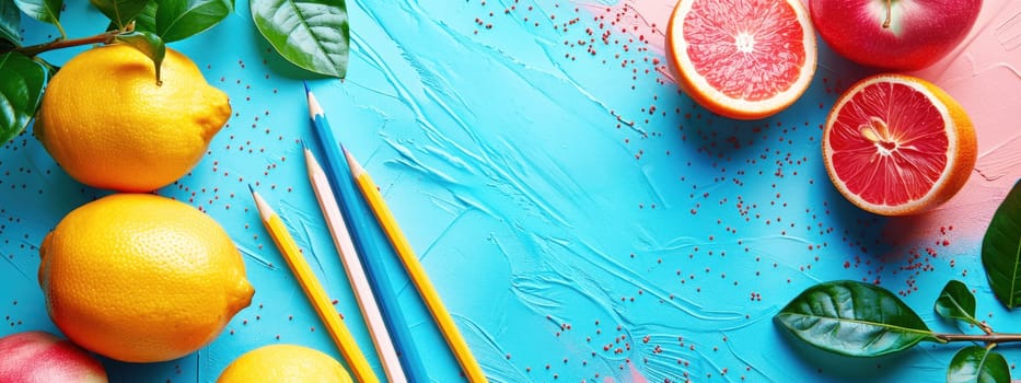 Colorful back-to-school flat lay with glasses, pencils, leaves, and fruits on a vibrant blue background, creating a bright and cheerful scene.