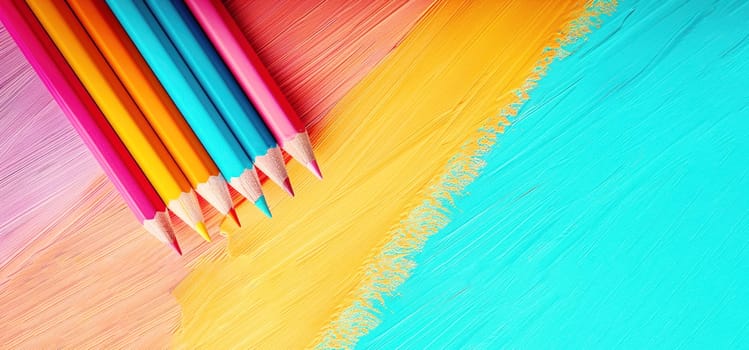 Colorful pencils arranged on a vibrant textured background, showcasing a creative and playful back-to-school theme with a splash of colors.