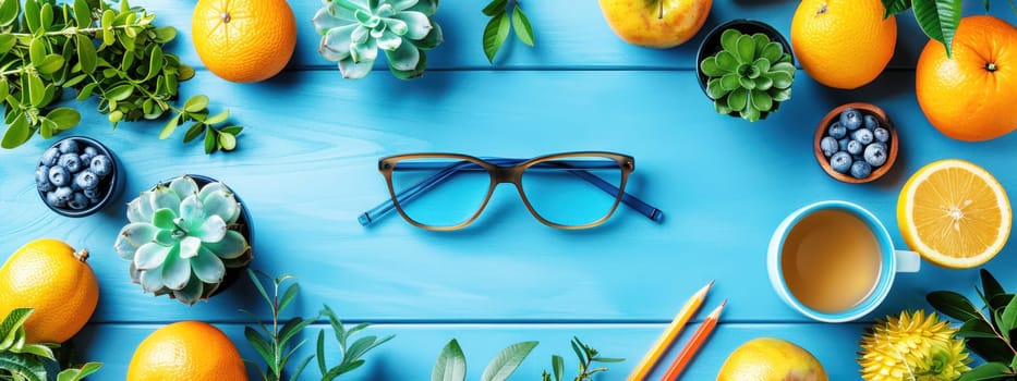 Colorful back-to-school flat lay with glasses, pencils, leaves, and fruits on a vibrant blue background, creating a bright and cheerful scene.