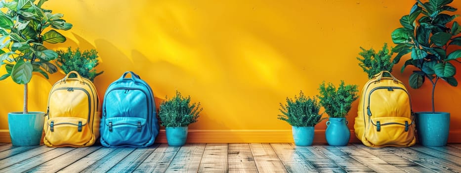 Two colorful backpacks and potted plants against a vibrant yellow wall, symbolizing a fresh start for back-to-school season.