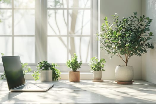 A serene home workspace with a laptop and green potted plants on a sunlit wooden desk, creating a peaceful and productive atmosphere.