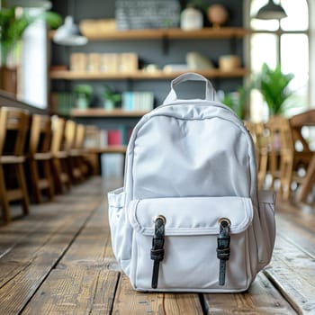 Back to school concept. A brightly colored backpack sits on a polished wooden floor in a vibrant, modern hallway, symbolizing readiness for the back-to-school season.