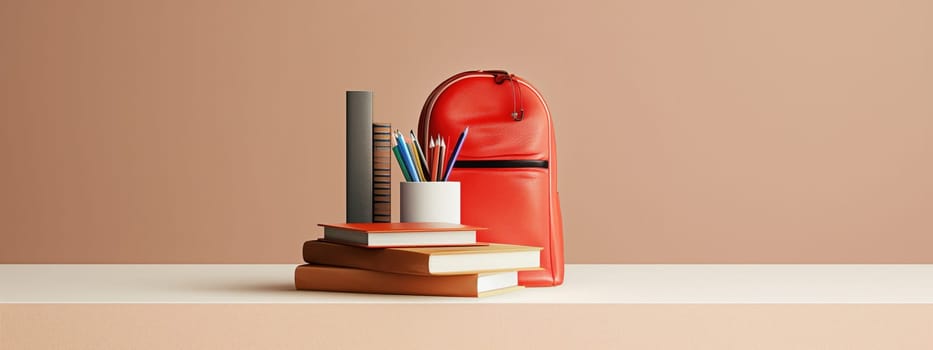 A minimalist back-to-school setup featuring a red backpack, books, and pencils on a beige background, symbolizing organization and readiness for learning.