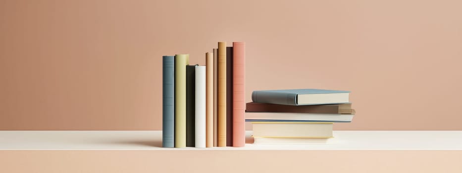 A stack of colorful books symbolizes education and knowledge, set against a minimalist background, perfect for back-to-school themes.