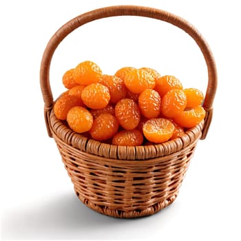 Dried kumquat halves in a playful wicker basket bright orange with a glossy sheen. Food isolated on transparent background.