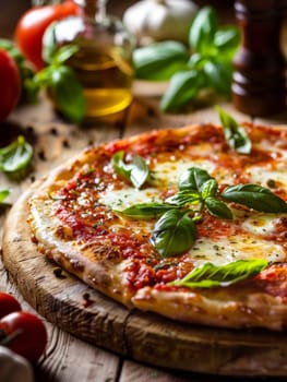 An inviting Margherita pizza on a rustic wooden table, surrounded by Italian kitchen essentials, embodies the soul of homemade cuisine