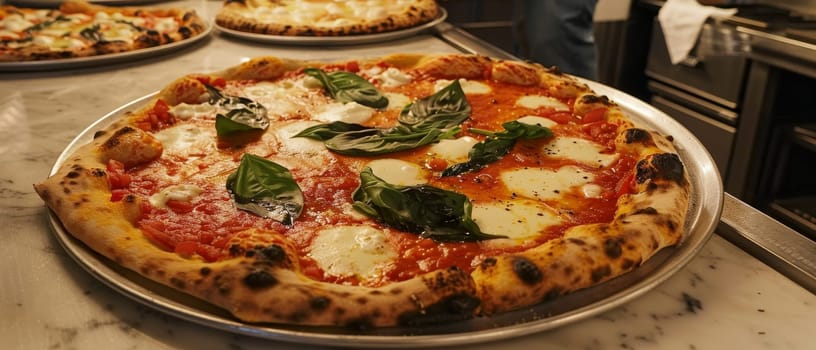 Freshly baked Margherita pizza with vibrant basil leaves and mozzarella atop a rich tomato base, showcased on a marble countertop. Charred crust highlights the traditional wood-fired cooking method