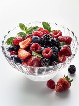 Sunlight dances over a mix of luscious berries and mint in a glass bowl, creating a play of light and shadow that highlights the fruits' fresh appeal