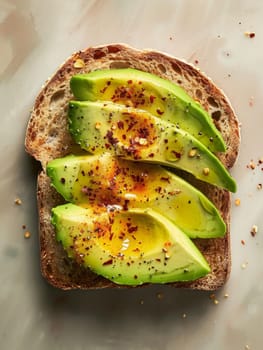 Elegantly presented avocado toast, drizzled with golden olive oil and sprinkled with seasoning, making a stylish and nutritious statement