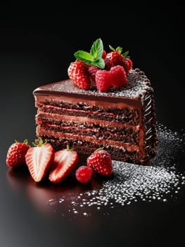 The image displays a chocolate cake topped with raspberries and strawberries, dusted with powdered sugar, creating a visually appealing contrast