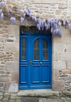 old house in dinan with typical french blue painted doors and wisteria sinesis flowers on the facade