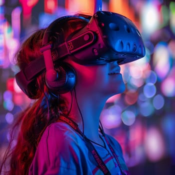 A girl enjoys an immersive VR experience with vivid lights and VR gear.