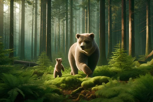 a mother bear and her cub walking side by side through a dense evergreen forest.