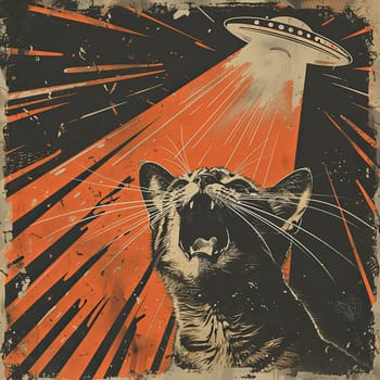 Retro comic-style cat in dramatic expression with UFO abduction theme and vintage colors in dynamic rays.