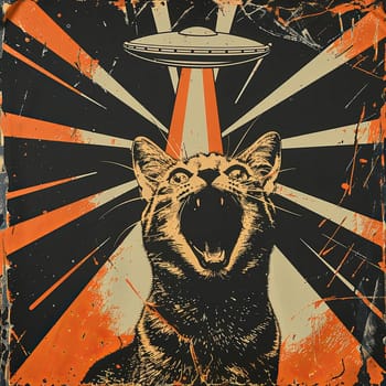 Retro comic-style cat in dramatic expression with UFO abduction theme and vintage colors in dynamic rays.