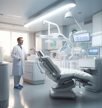 Dentist in protective clothing uses advanced tools and monitors to perform a procedure. Dentist in a state-of-the-art clinic with futuristic design and atmosphere.
